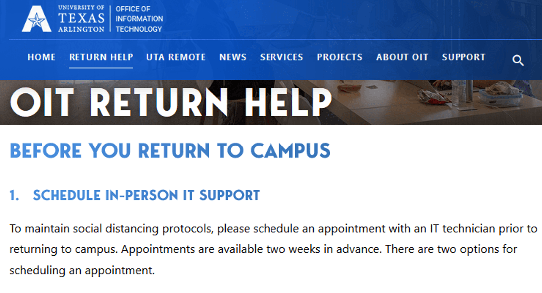 Screenshot OIT Return to Campus - https://oit.uta.edu/returnhelp