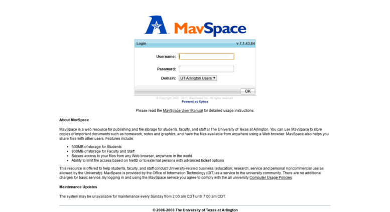 Screenshot of mavspace.uta.edu home page