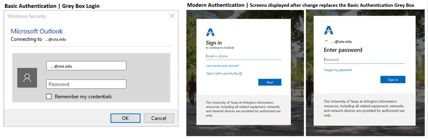 Basic and Modern Authentication when logging into Outlook