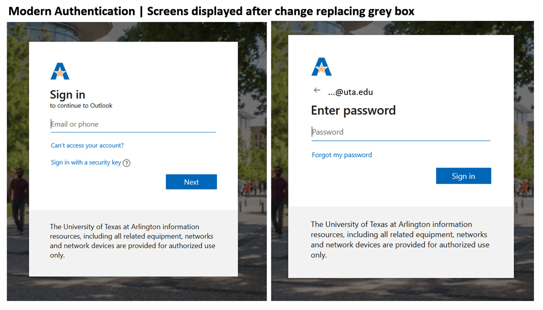 Screenshot that displays the Modern Authentication login screen for Outlook. This screen will be replacing the grey box