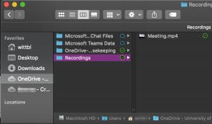 Recordings folder inside one drive with the Meetings video inside the Recordings folder.