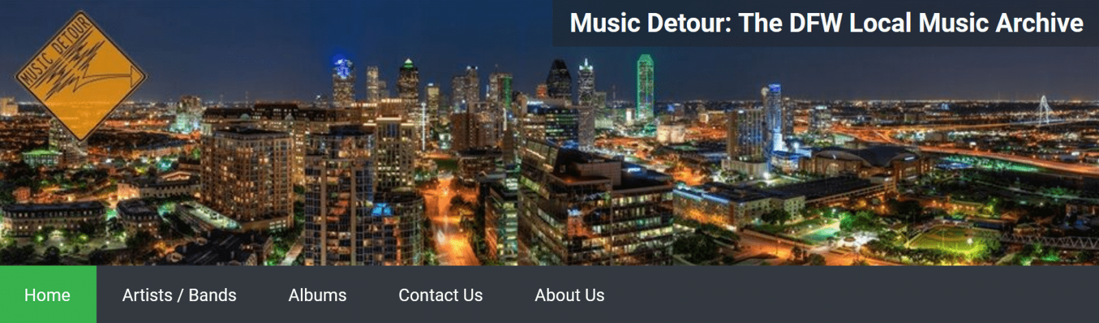 Music Detour website banner featuring Dallas skyline at night