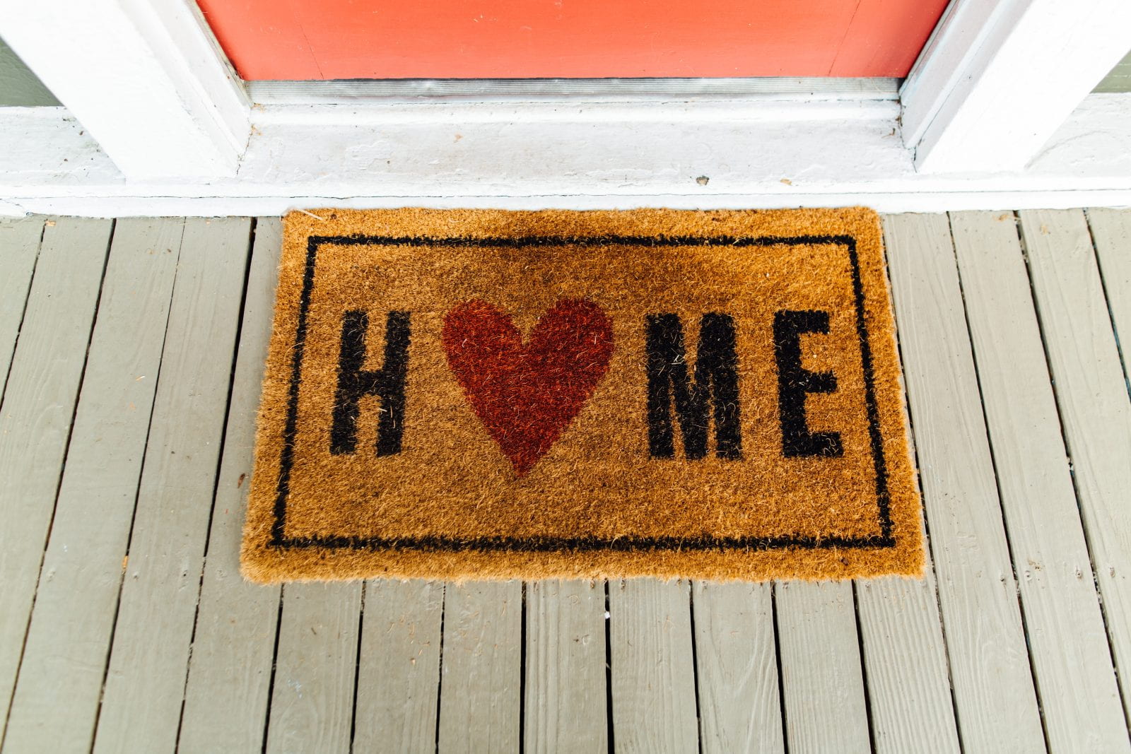 A rug that says "home" on a front porch